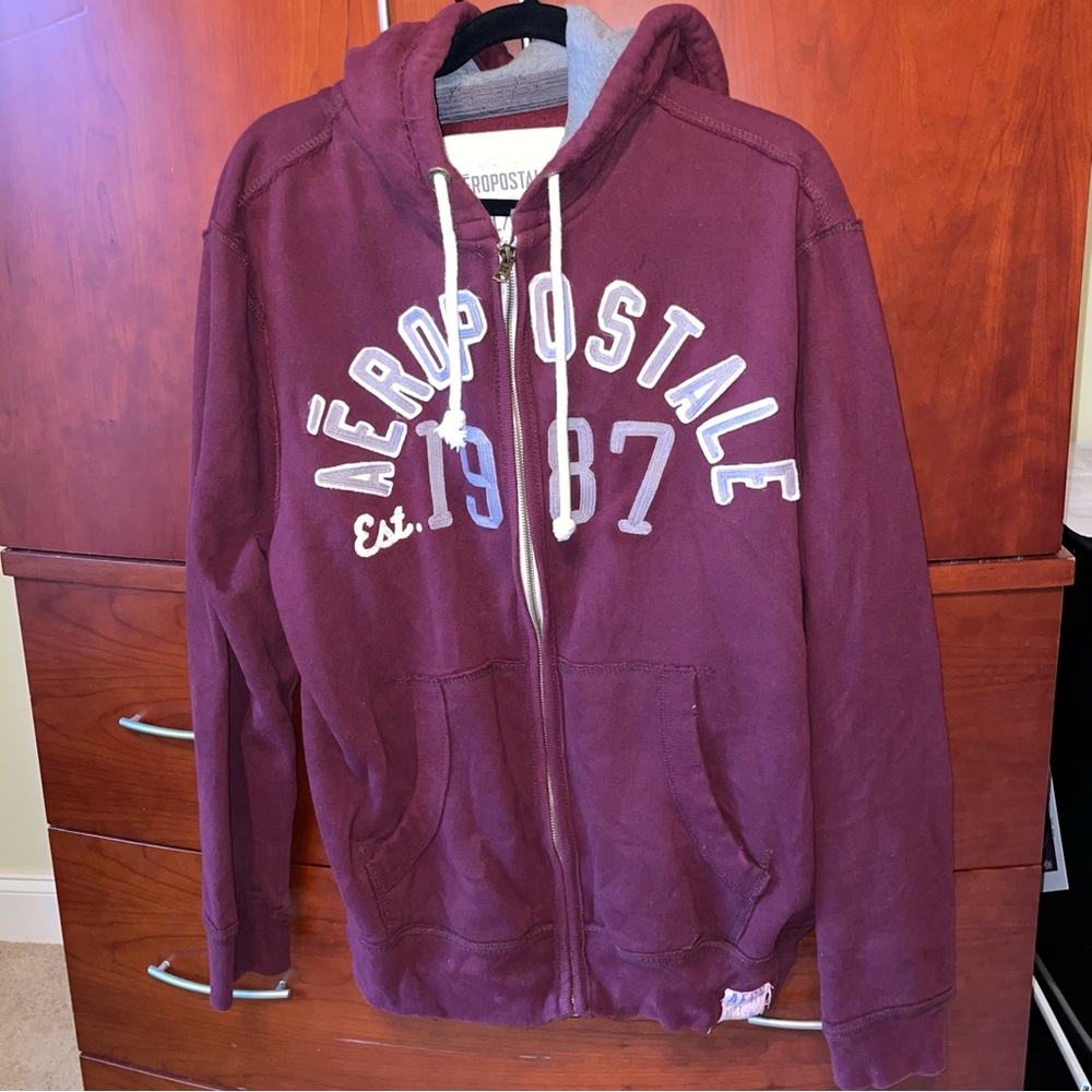 Aeropostale Men’s Full Zip Hoodie Burgundy Sweatshirt Embroidered Logo 1987